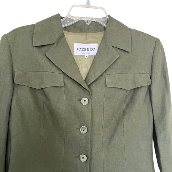 Iceberg Army Green 100% Linen Button Front Utilitarian Blazer Jacket Size IT 42 - Picture 2 of 11